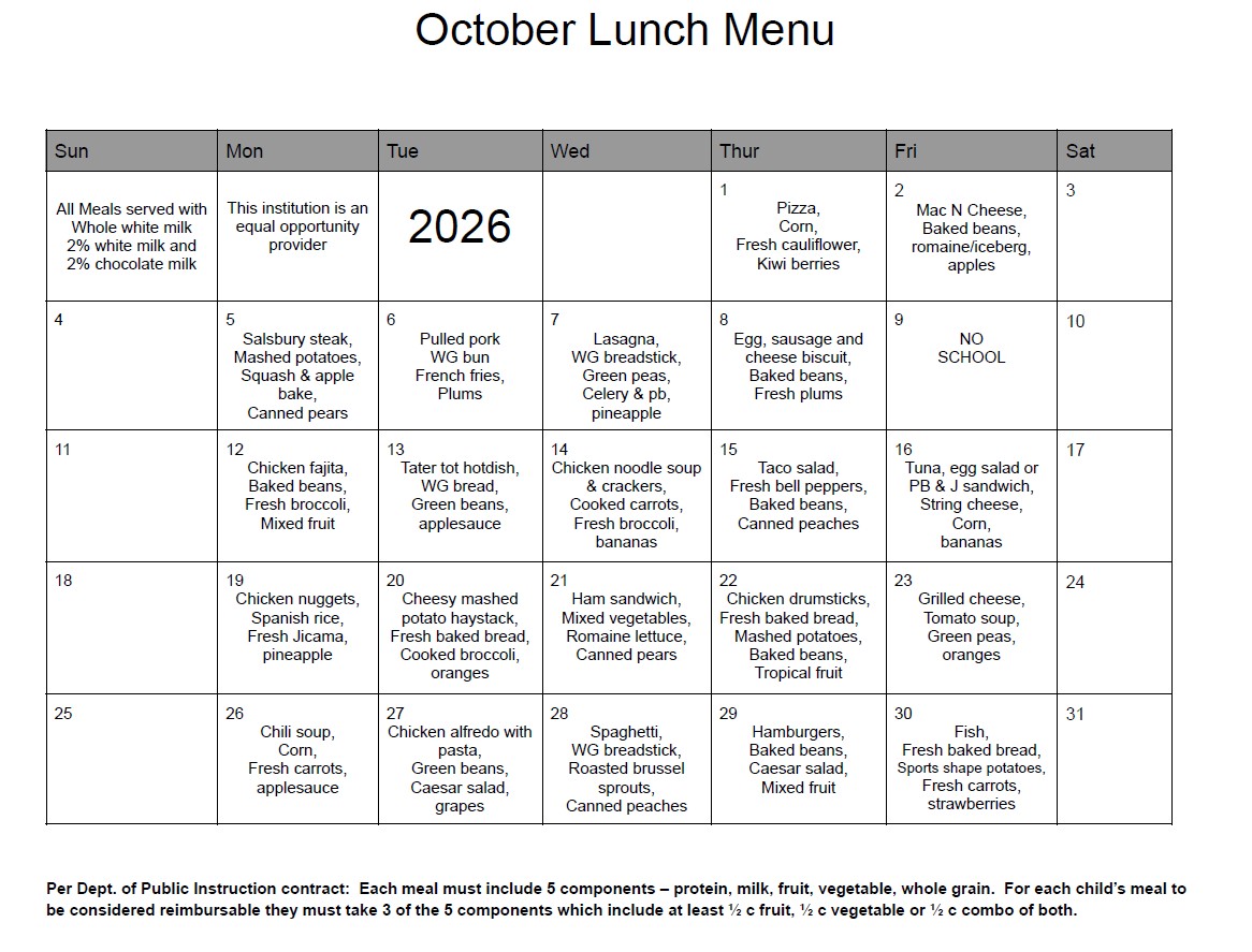 October Lunch Menu