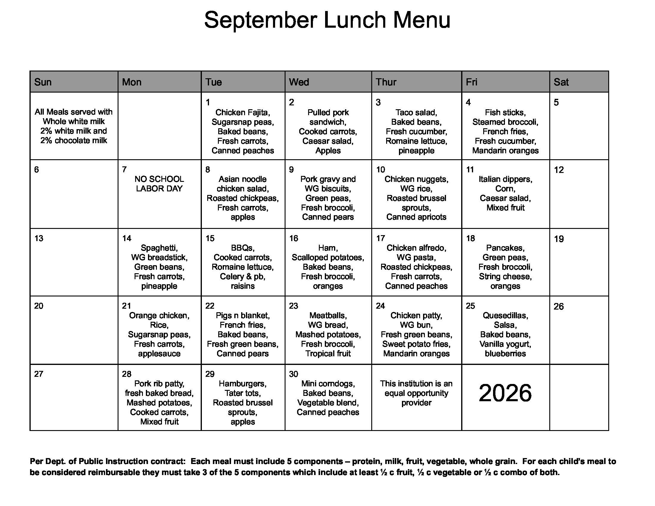 September Lunch Menu